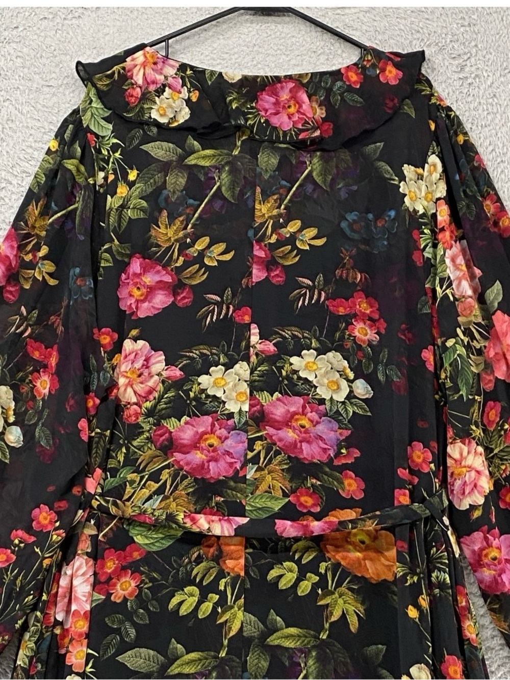 Floral Black Long Sleeve Ruffle Wrap Dress - Picture 7 of 13